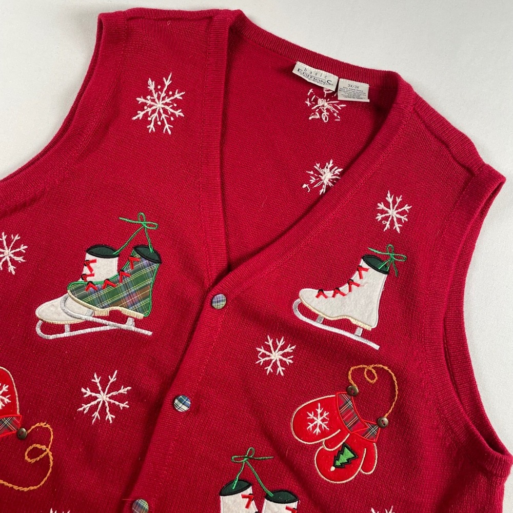 VTG Basic Editions Holiday Red Knit Vest Womens 3X Ice Skates Mittens Snowflakes